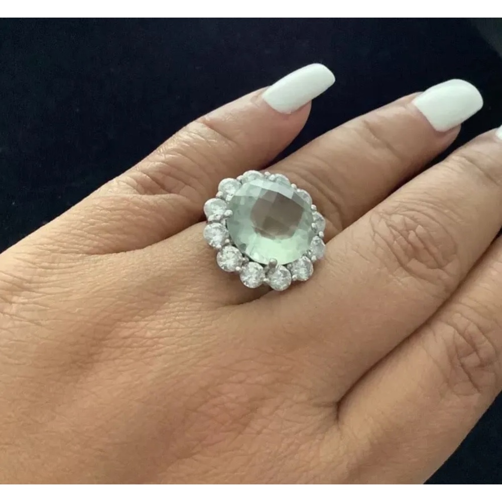 HSN Sterling Silver 925 Large 14ct Green Amethyst Prasiolite Halo Ring Size 6.5